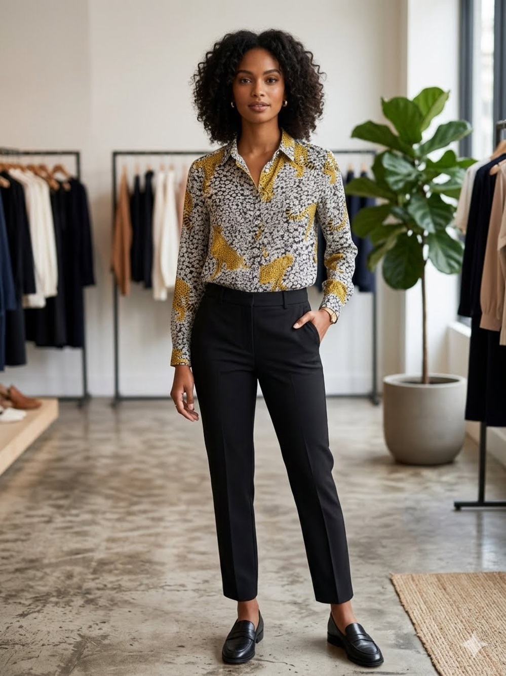 Sezane Black and Mustard Daisy & Cheetah Print Button-Down